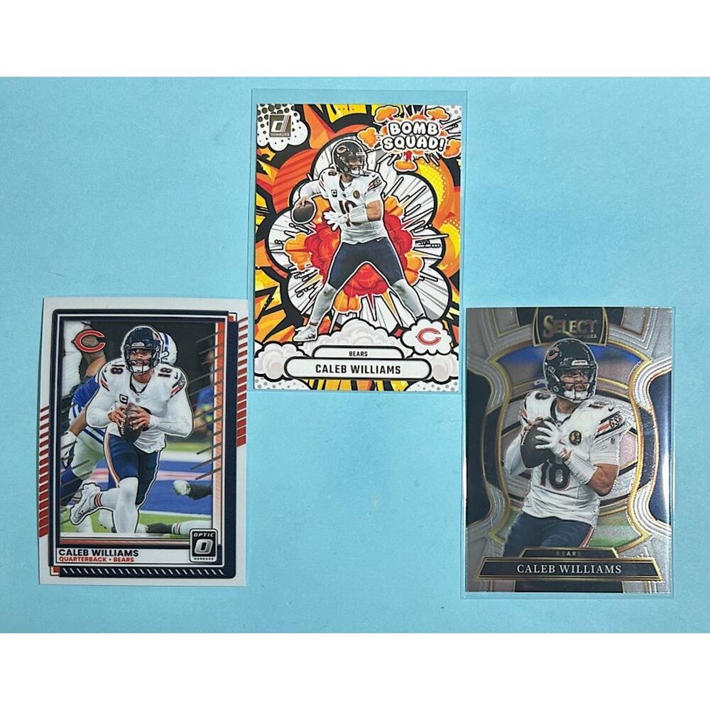 3 cards ,Caleb Williams,Chicago Bears 2025 Panini -Bomb Squad ,Select,and Optic